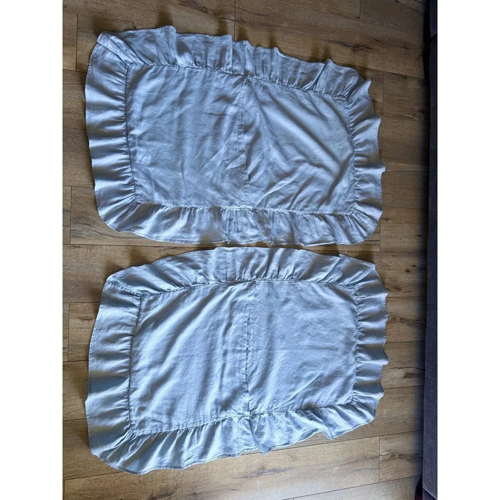 GreenRow Shabby Chic Pearl Blue Linen Ruffle Crochet Set of 2 King Pillow Cases